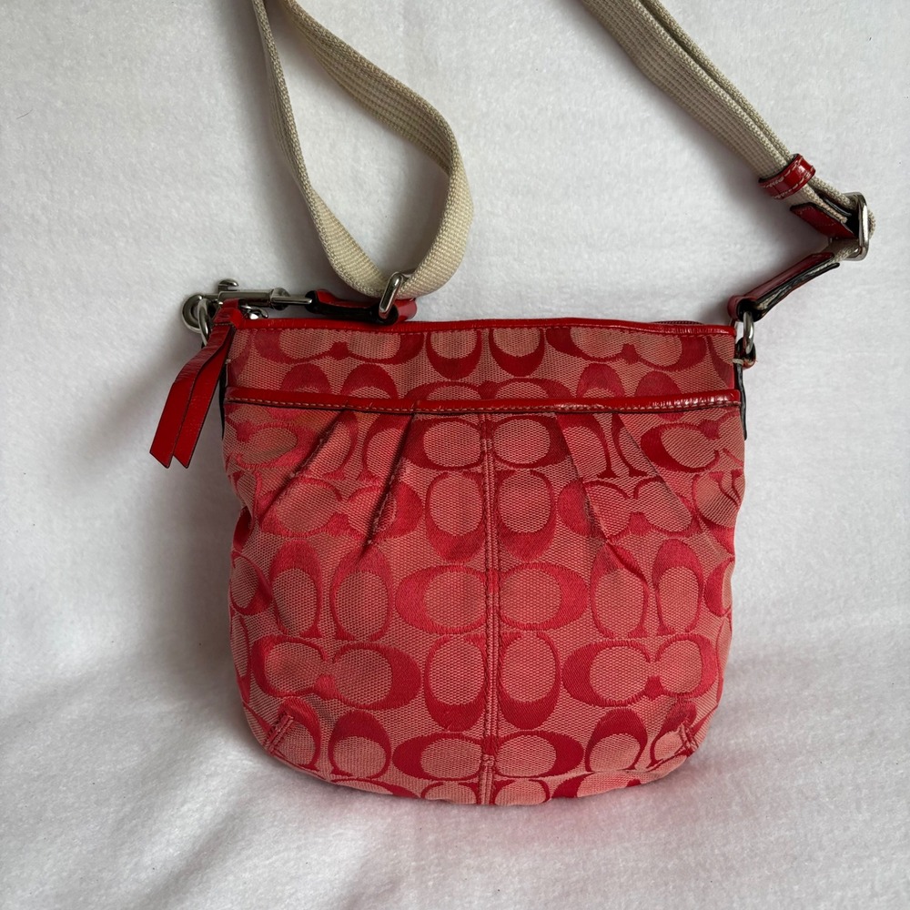 Coach Red Signature Jacquard Patent Trim Crossbody Bag Pleated Small Messenger